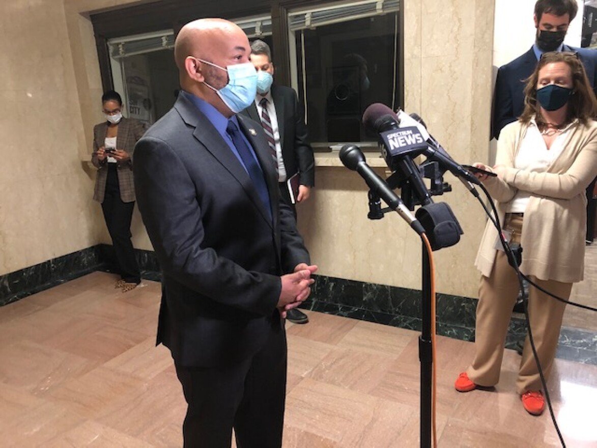 Assembly Speaker Carl Heastie meets with reporters at the State Capitol on Monday, March 15, 2021.